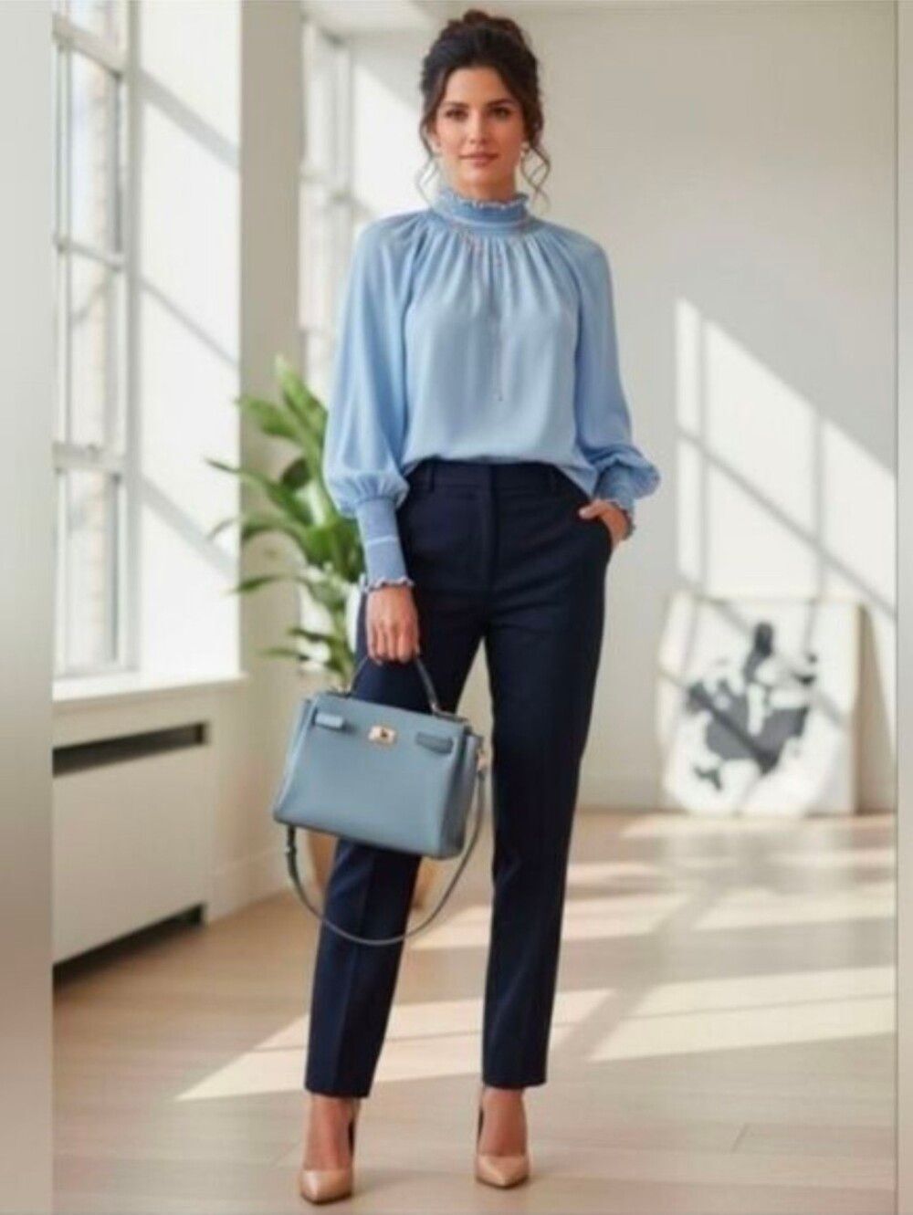 Zara Light Blue High Neck Blouse. Great Condition
